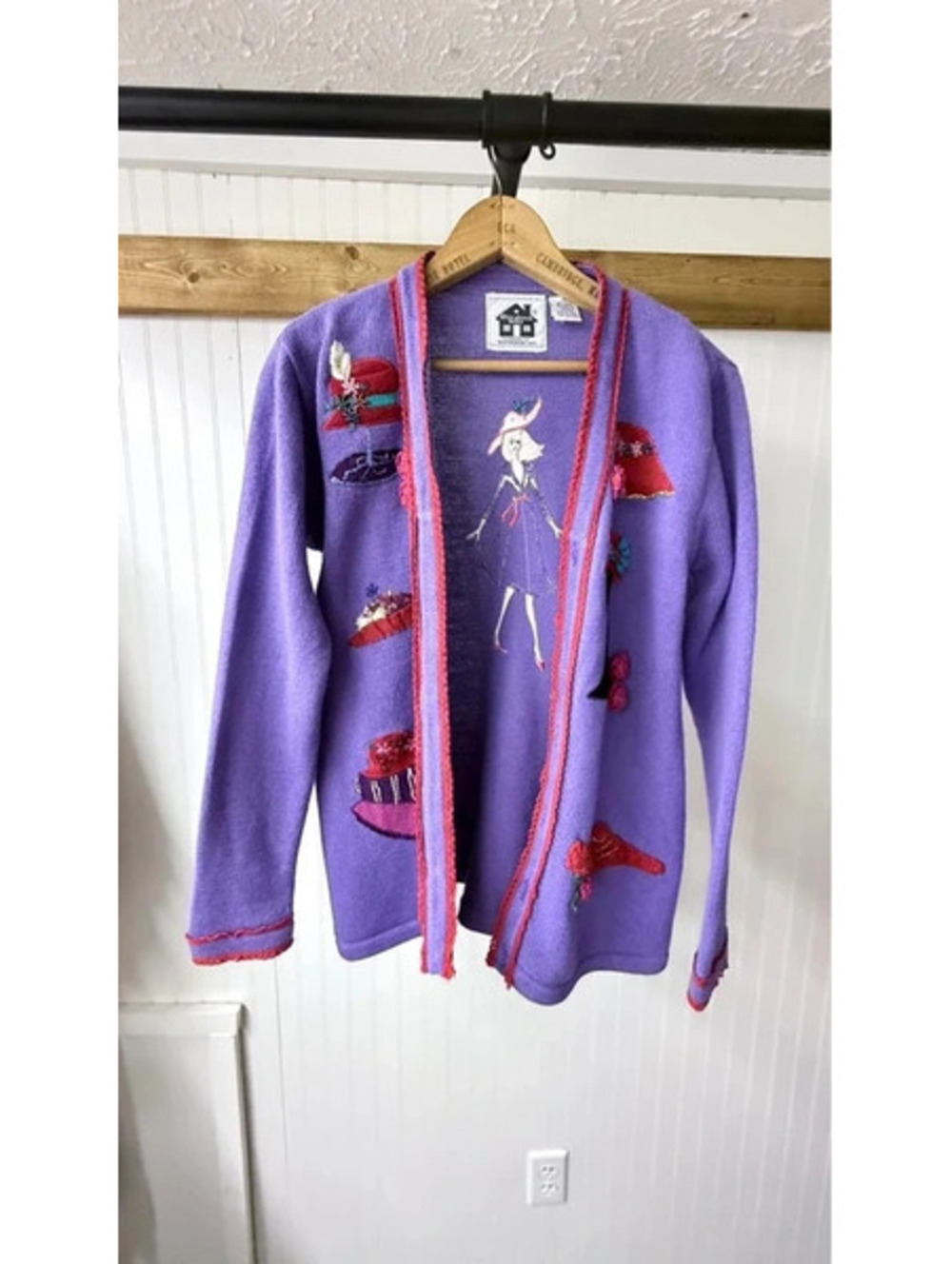 vintage purple cardigan Storybook Knits embroidered tea party  xsmall art deco